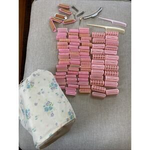 Huge Lot 60's Vintage Pink Hair Curlers Retro Snap Hold Clips Combs W/ Case